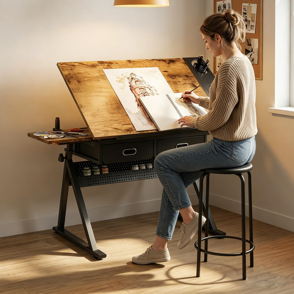 Height Adjustable Drafting Table Drawing Table Artist Desk Tilting Tabletop Art Craft Desk with 2 Storage Drawers and Stool, Art Craft Desk for Artist Painters Drawing Painting (All White)