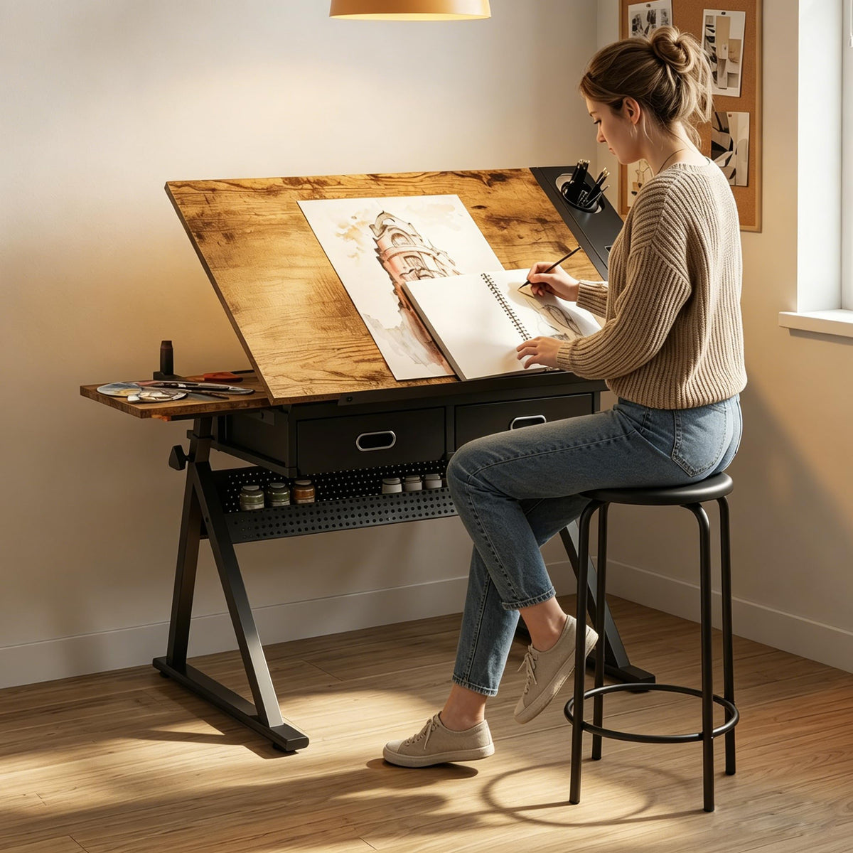Height Adjustable Drafting Table Drawing Table Artist Desk Tilting Tabletop Art Craft Desk with 2 Storage Drawers and Stool, Art Craft Desk for Artist Painters Drawing Painting (All White)