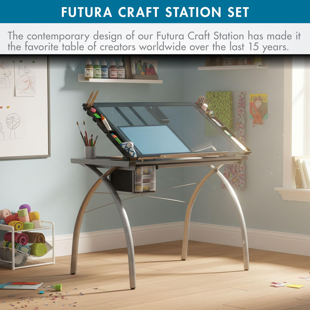 SD Studio Designs 10096 Futura Station with Folding Shelf Top Adjustable Drafting Craft Drawing Hobby Table Writing Studio Desk with Drawer, 35.5'' W x 23.75'' D, White/Clear Glass