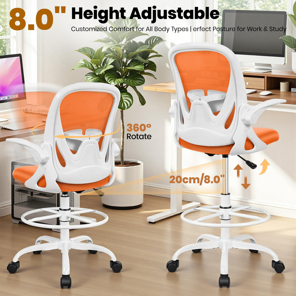 Drafting Chair Tall Office Chair with Flip-up Armrests, Adjustable Height, and Enhanced Lumbar Support - Ergonomic Rolling Stool, Back Support, and Adjustable Foot Rest Ring for Standing Desk White