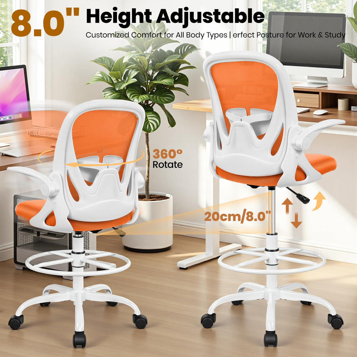 Drafting Chair Tall Office Chair with Flip-up Armrests, Adjustable Height, and Enhanced Lumbar Support - Ergonomic Rolling Stool, Back Support, and Adjustable Foot Rest Ring for Standing Desk White