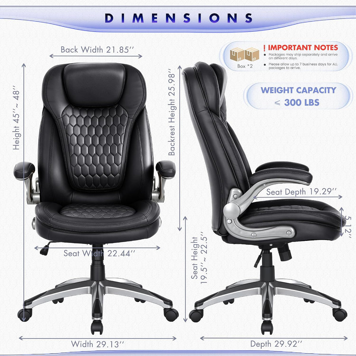 COLAMY High Back Executive Office Chairs, Ergonomic PU Leather Desk Chairs with Flip-Up Armrests, Adjustable Height, Lumbar Support, Comfortable Computer Chairs for Home Office, Set of 2