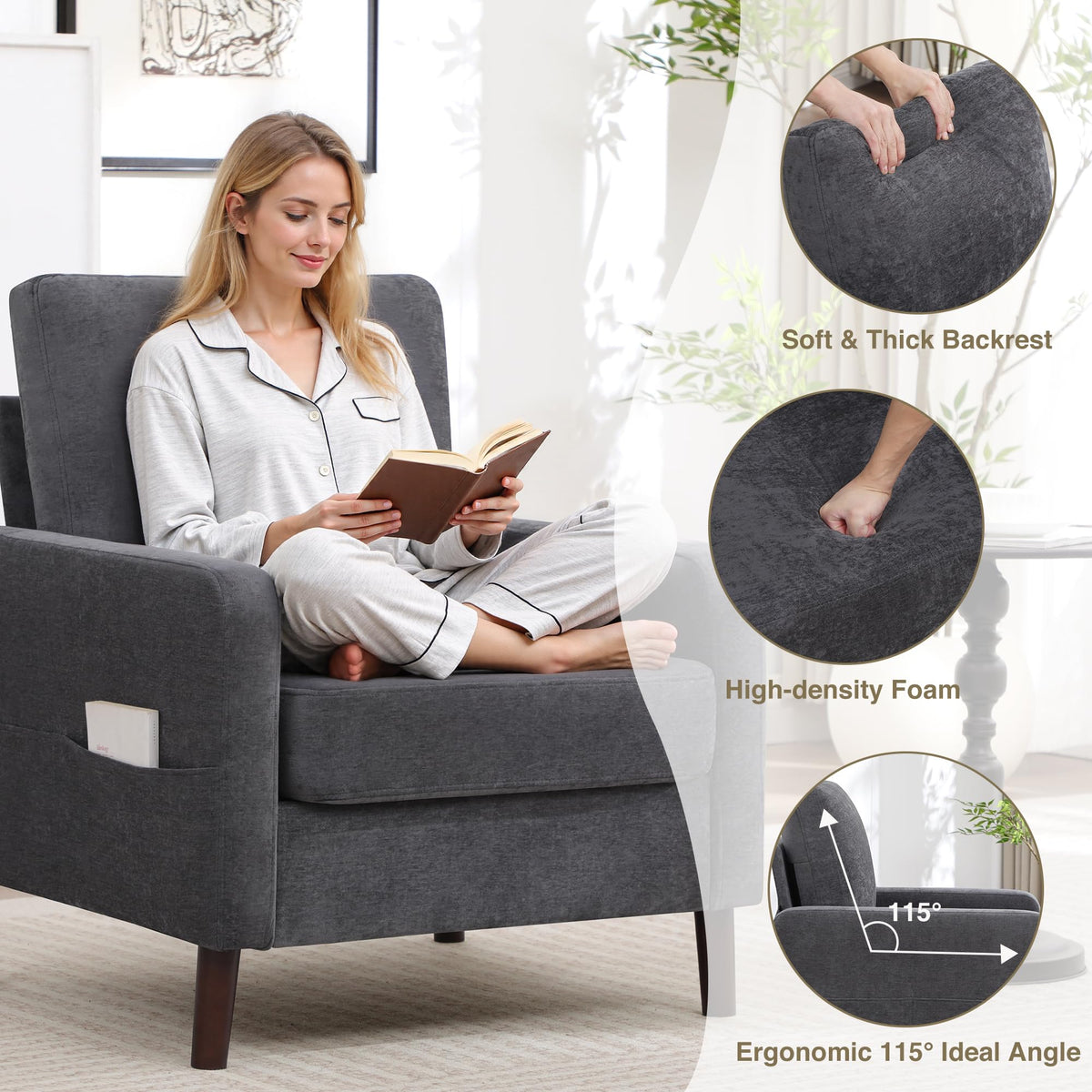 Accent Chair Set of 2, Upholstered Living Room Chairs with Wood Legs and Side Pockets, Modern Reading Chair for Bedroom, Armchair Single Sofa Side Chair for Office, Small Room, Dark Grey