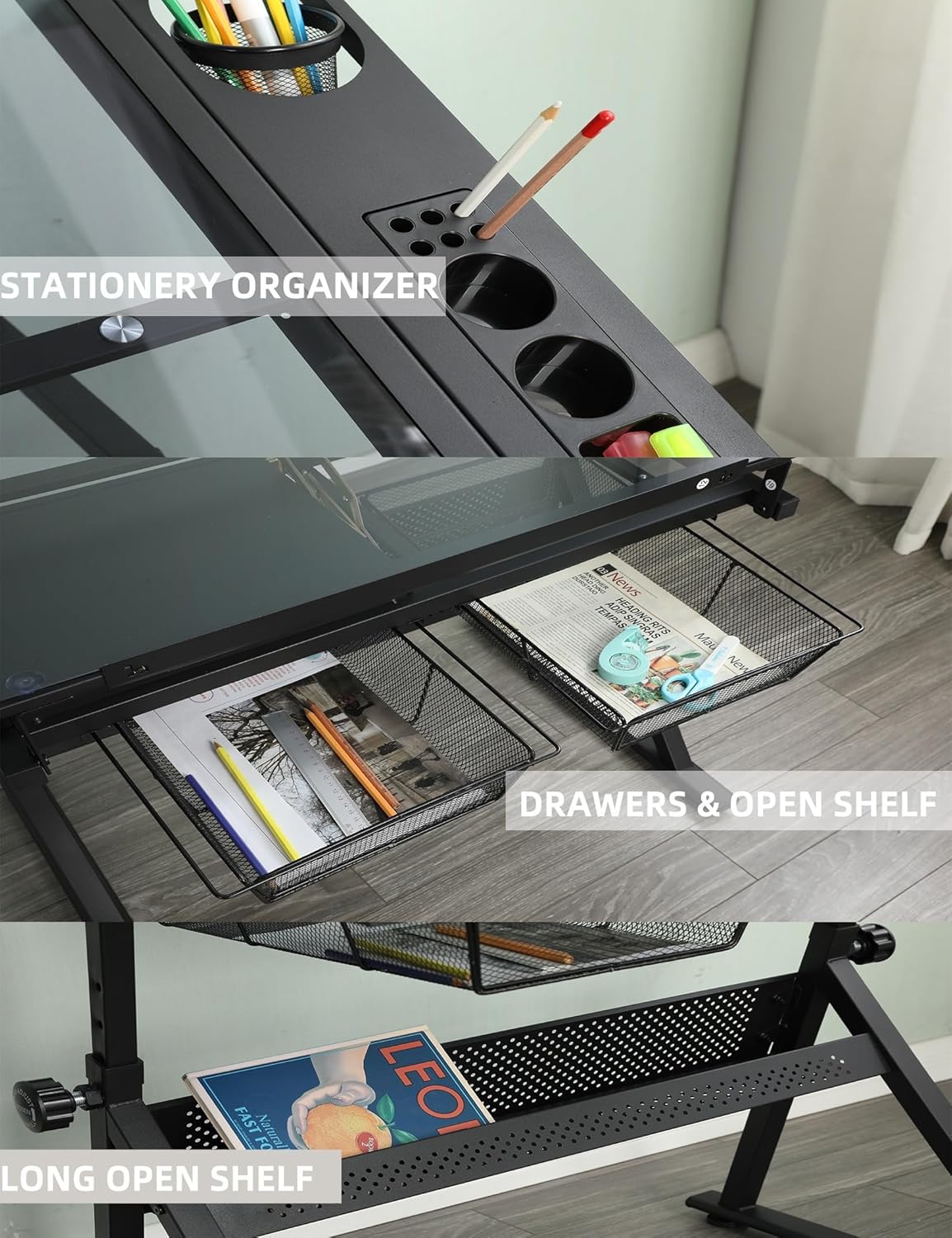 GarveeHome Drafting Table w/Stool, Height Adjustable Multifunctional Art Craft Artists Desk Tilting Glass Tabletop Diamond Paintings Work Station w/2 Storage Drawers for Home Office (Black-1)