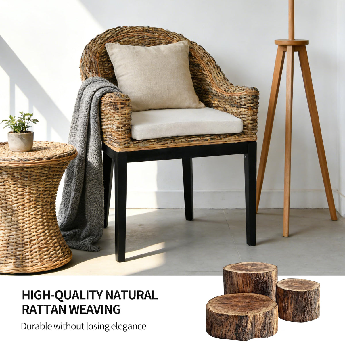 DUHOME 2 Sets Wood Rattan Arm Accent Chairs Natural Wash/White Cushion