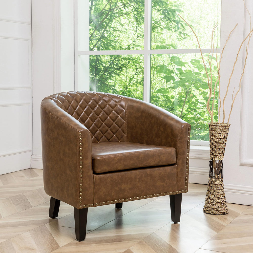 KINWELL 29" W Faux Leather Tufted PU Barrel Club Chairs Set of 2, Black