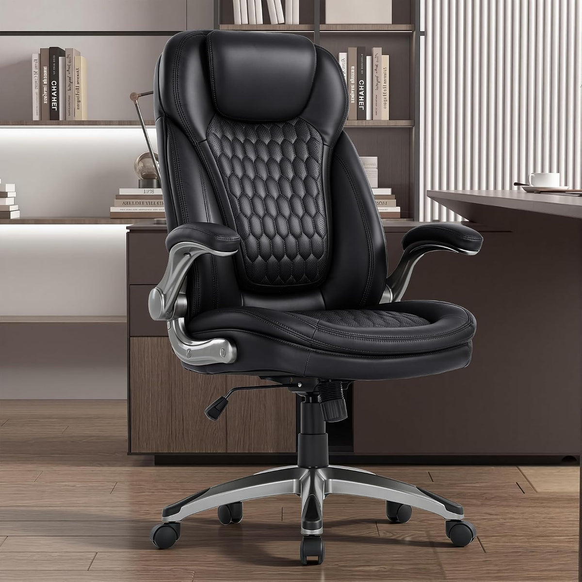 COLAMY High Back Executive Office Chairs, Ergonomic PU Leather Desk Chairs with Flip-Up Armrests, Adjustable Height, Lumbar Support, Comfortable Computer Chairs for Home Office, Set of 2