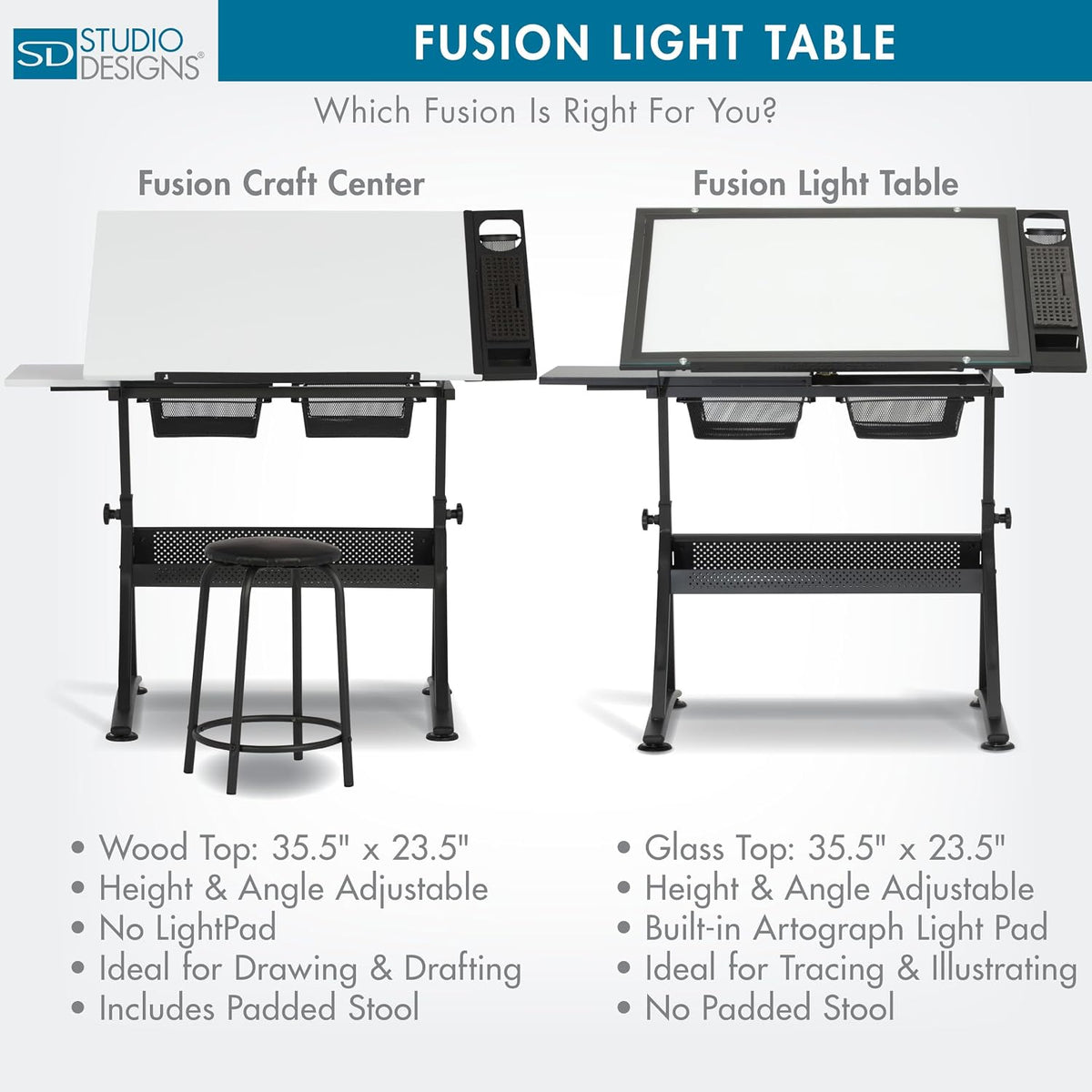 Studio Designs Fusion Drafting Table with Integrated LED Light Pad, Height & Angle Adjustable Tempered Glass Light Table, Artograph Light Pad, Storage Drawers & Side Shelf