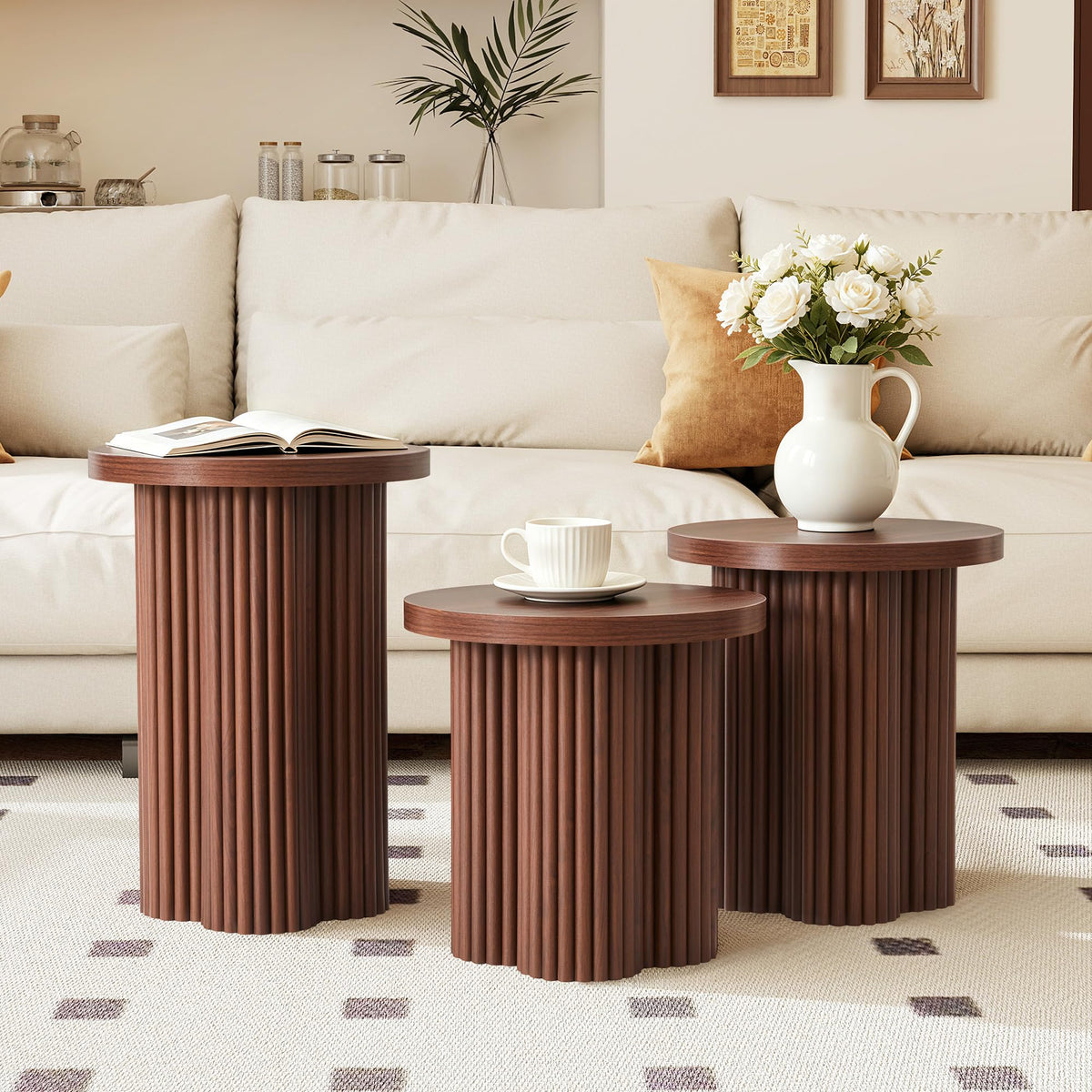 Round Nesting Coffee Table Set of 3 Fluted Coffee Table (Natural)