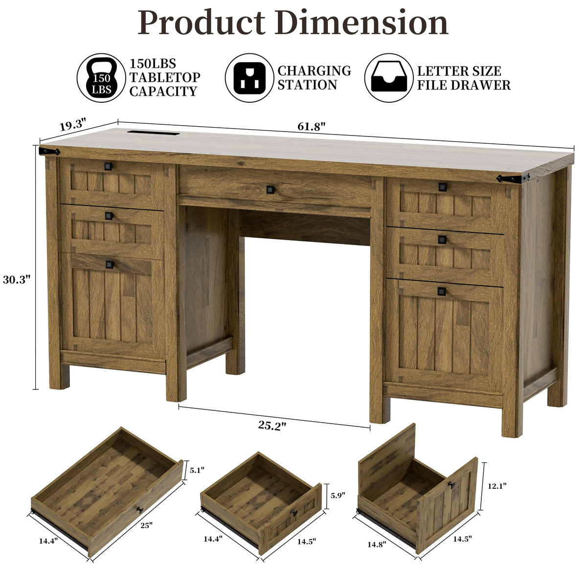 62" Executive Desk Home Office Desk with File Drawer & Cabinet