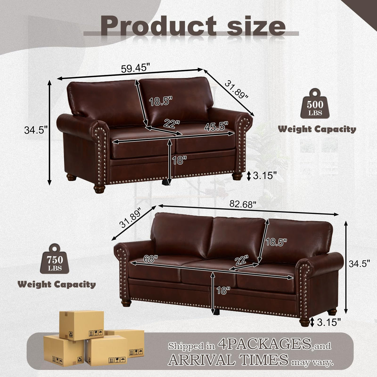 2 Piece Faux Leather Sofa Set,Modern Couch and Loveseat Sets with Storage,Mid Century Couch with Rivet Rolled Arm,Comfy Deep Seat Sofa,Furniture for Living Room,Office(Loveseat+3 Seater,Navy)