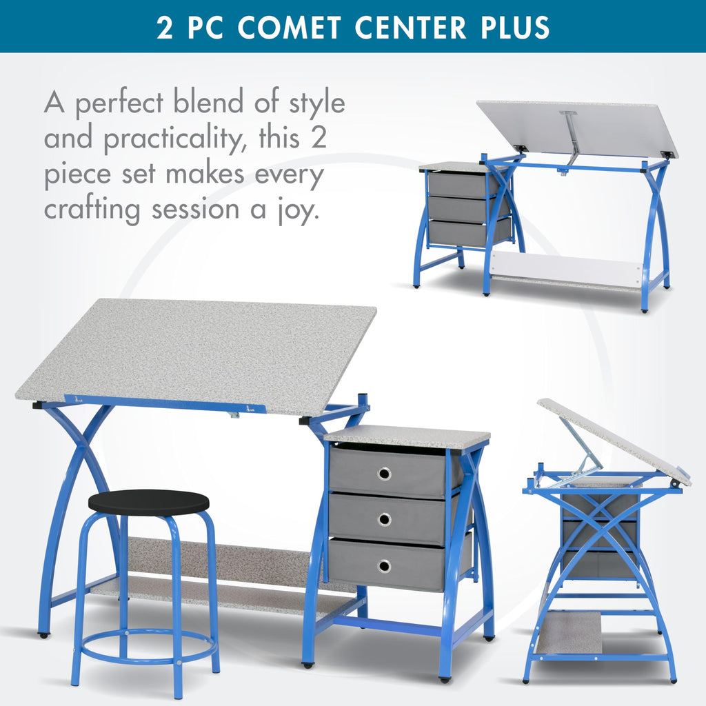 SD Studio Designs 2 Piece Comet Center Plus, Craft Table and Matching Stool Set with Storage and Adjustable Top, Silver/Black