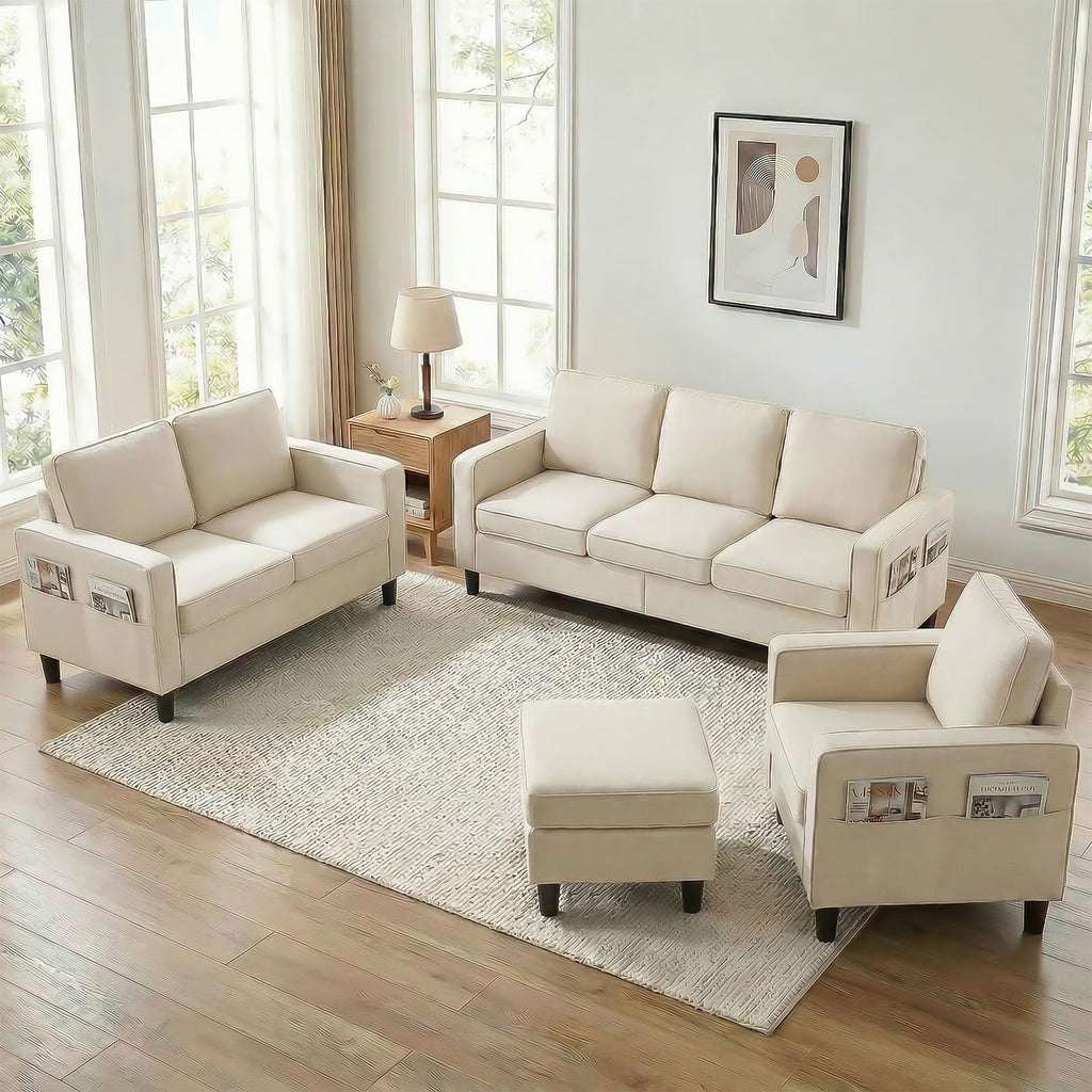Mjkone 78"W 3 Pieces Sofa Couches Set for Living Room Sets Furniture, Sectional L Shaped 3-Seater Small Sofas Couch and Loveseat Sets with Storage Ottoman and Side Pockets for Home Office, Light Gray