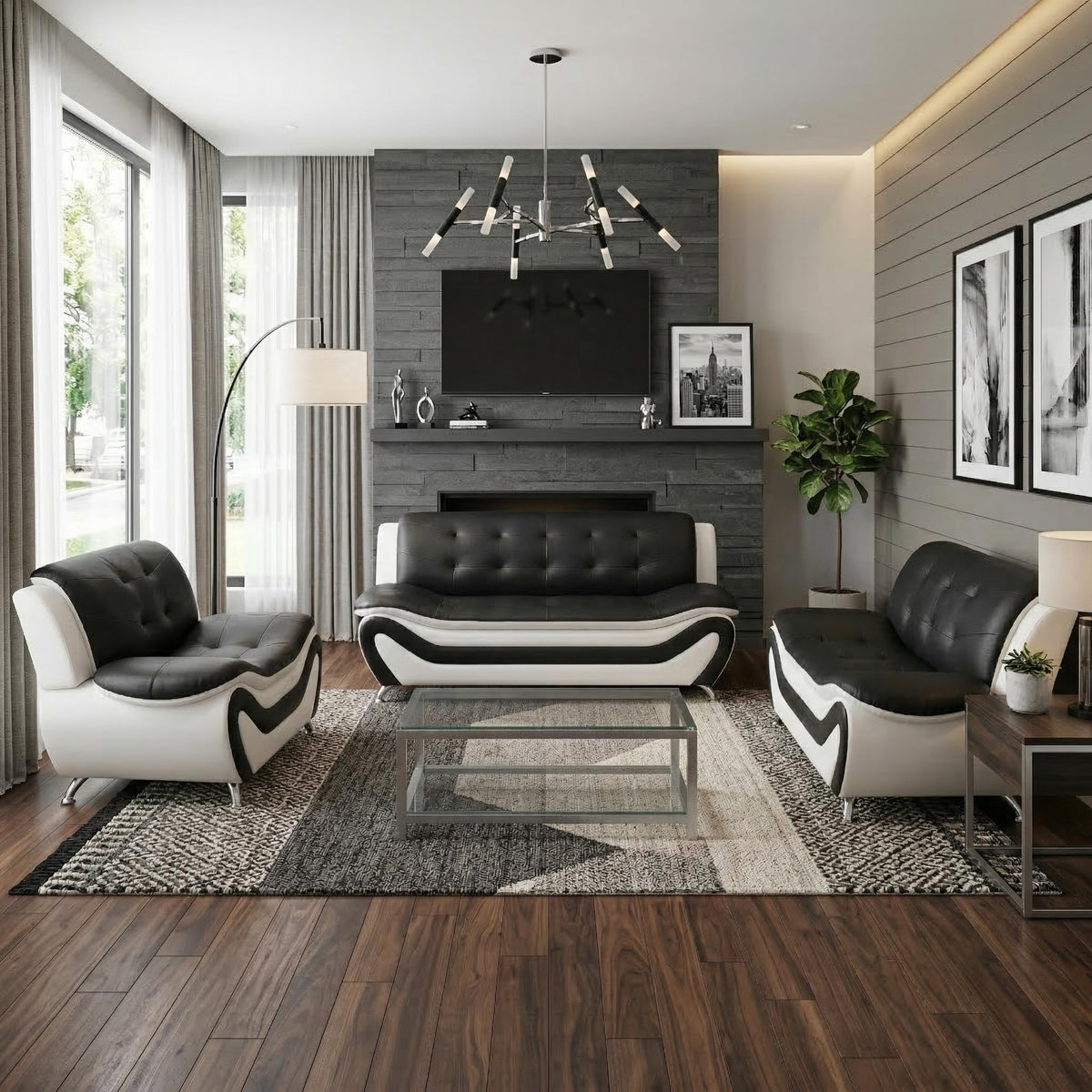 Modern Leather Sofa Set, Living Room Furniture, 3 - Piece Couch Set, Faux Leather Couch Loveseat Chair Set with Sturdy Legs for Living Room/Bedroom/Office,Black