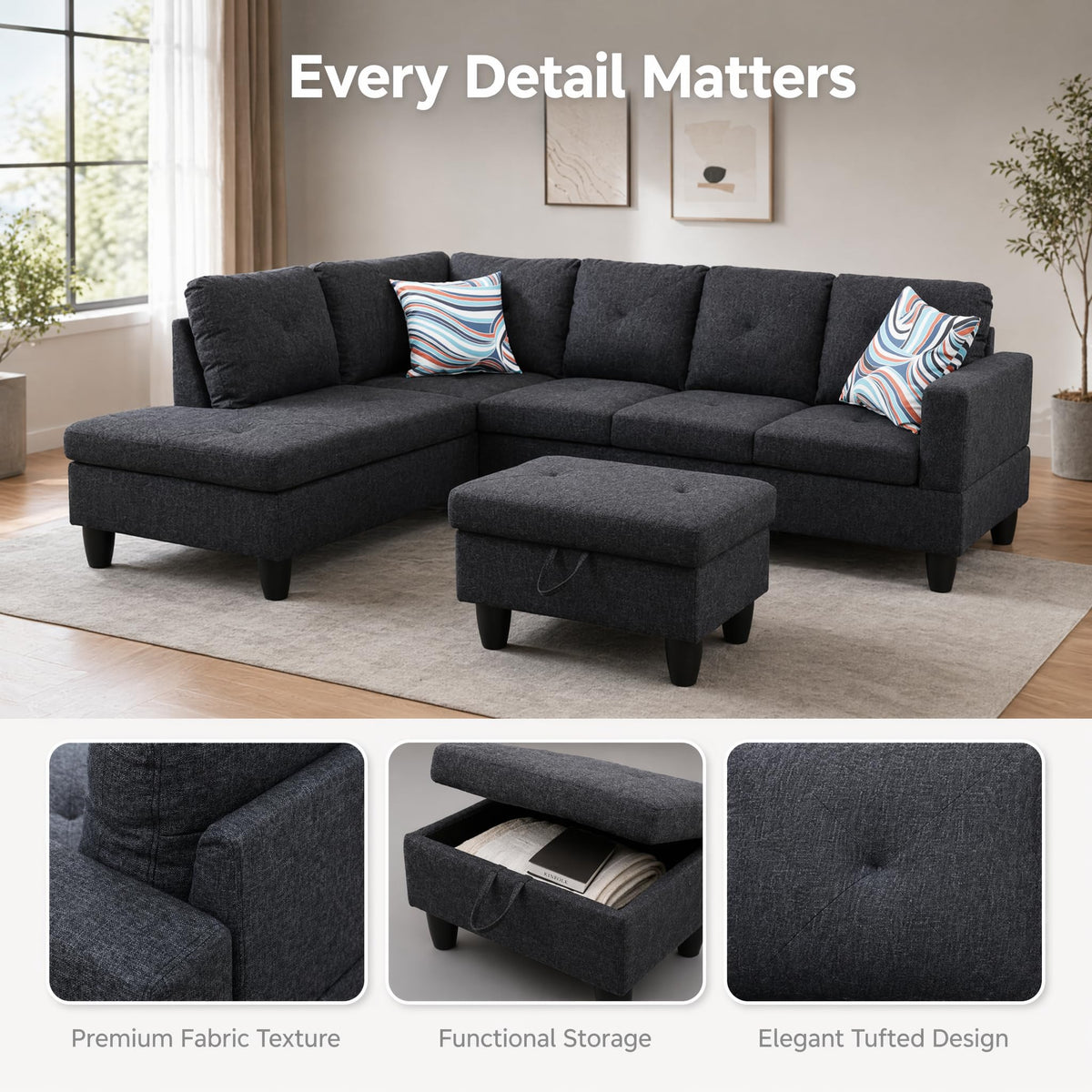 97.5" Leather L Shaped Couch with Left Chaise & Cup Holder, Sectional Sofas Modular Furniture Set with Storage Ottoman, Convertible Couches for Living Room, Office & Small Space (Black)