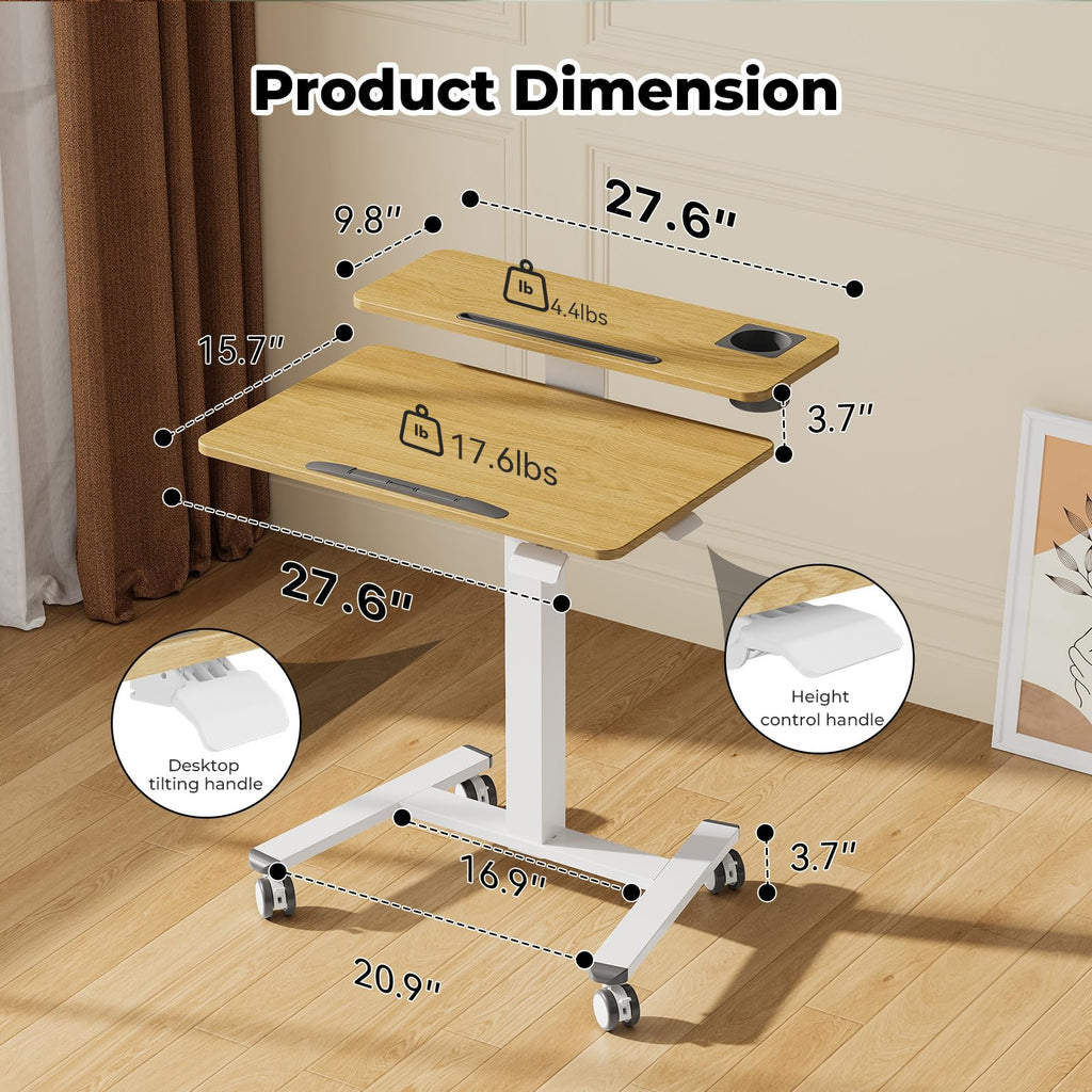 28" Mobile Standing Desk, Tiltable Top with 2-Tier Shelves, White