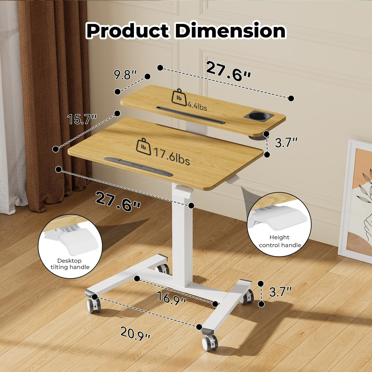 28" Mobile Standing Desk, Tiltable Top with 2-Tier Shelves, White