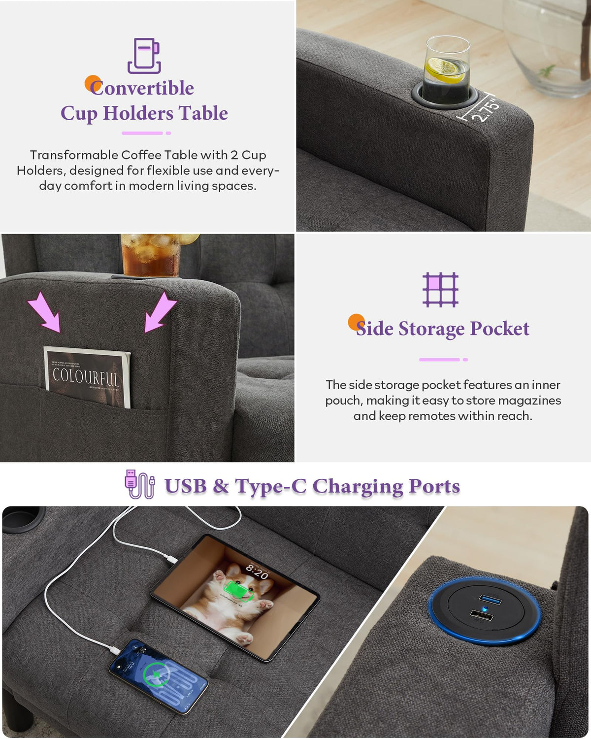 TYBOATLE Living Room Set, PU Leather Couch and Chairs w/USB & Type-C Ports