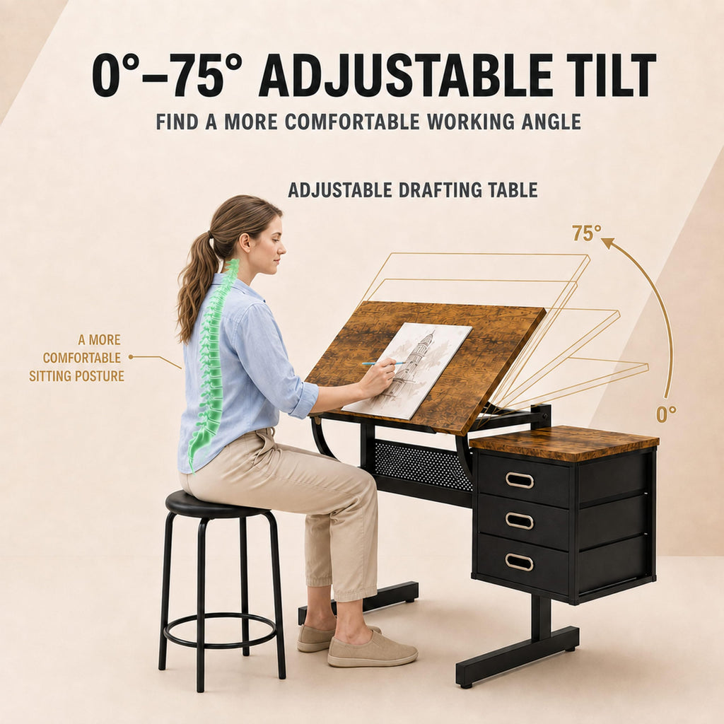 Adjustable Drawing Table with 3 Drawers and Stool, Black
