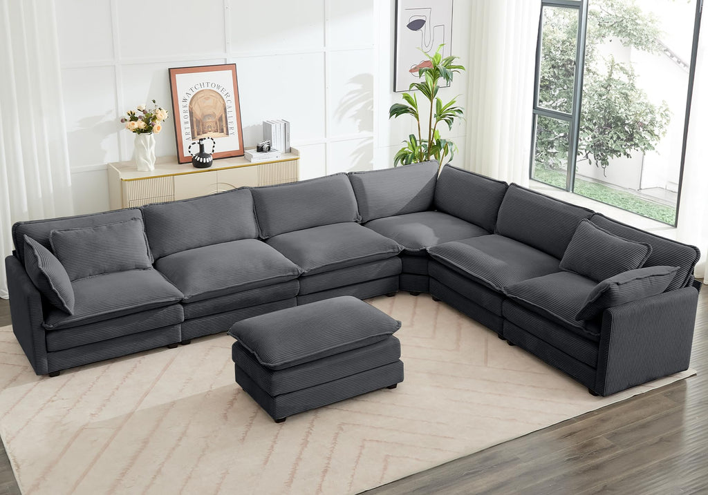 ROWHY 41'' Single Armchair with Ottoman, Modern Corduroy Cloud Couch with Convertible Chaise, Upholstered Sofa Set for Living Room, Green