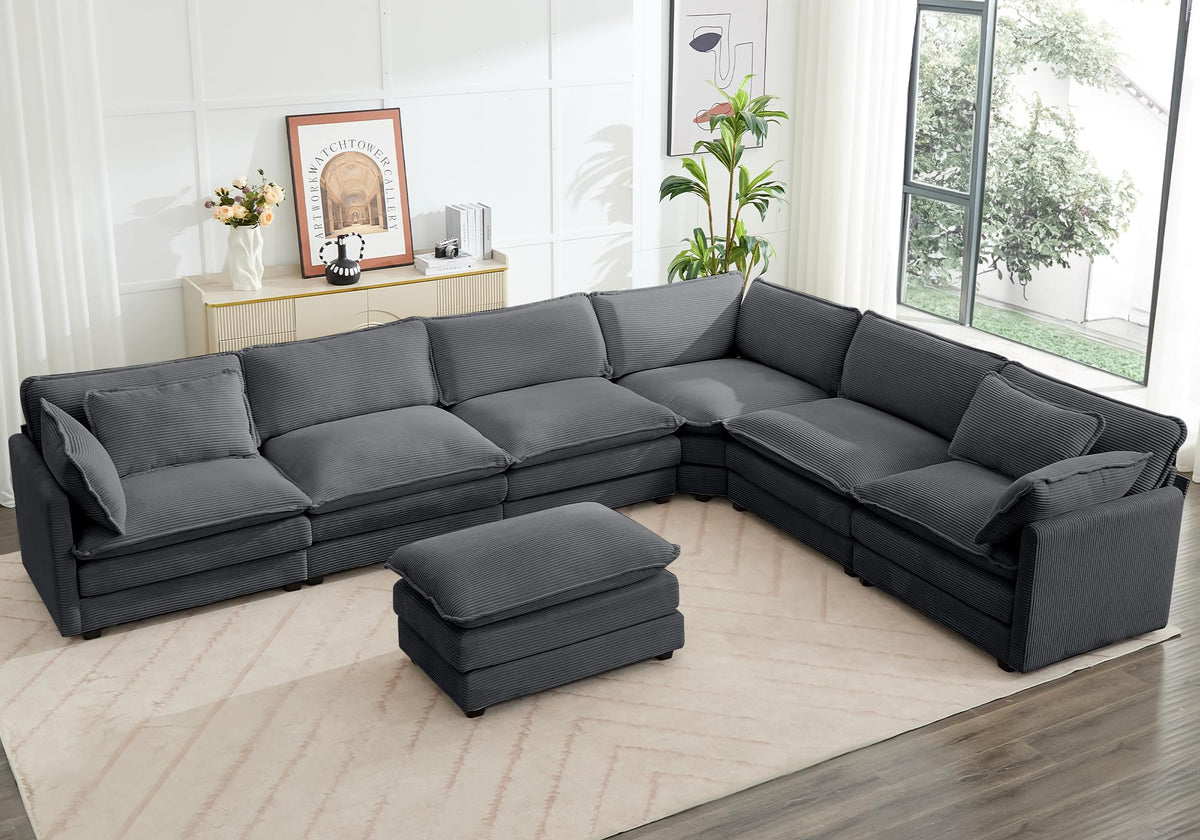 ROWHY 41'' Single Armchair with Ottoman, Modern Corduroy Cloud Couch with Convertible Chaise, Upholstered Sofa Set for Living Room, Green
