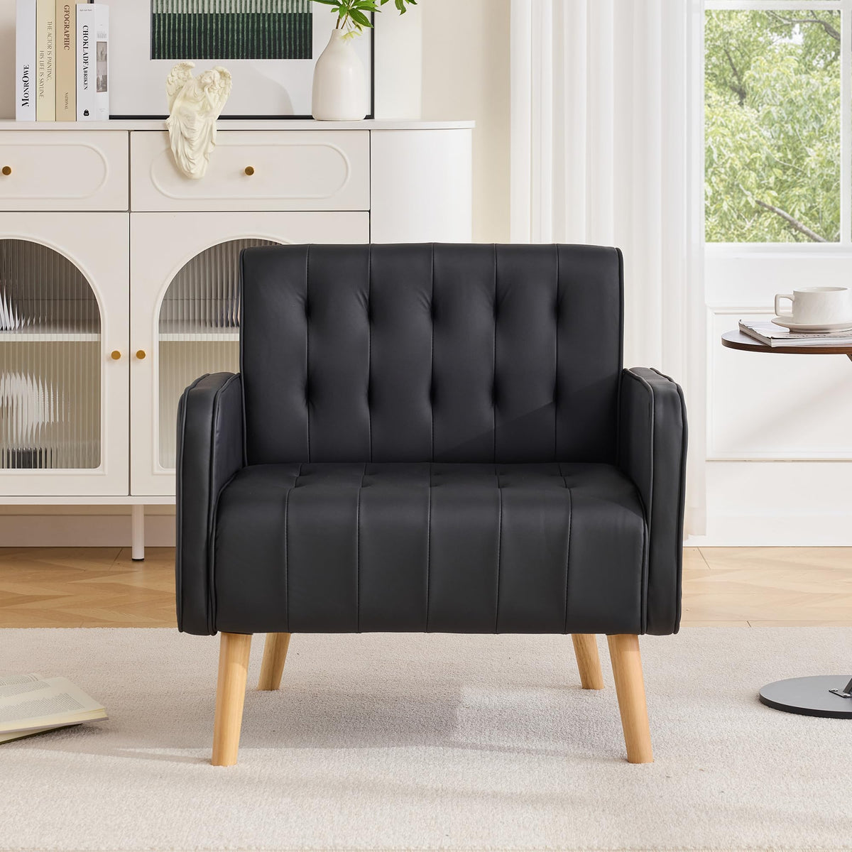 Leather Accent Chair Set of 2, Living Room Chair with Wooden Legs (Black)