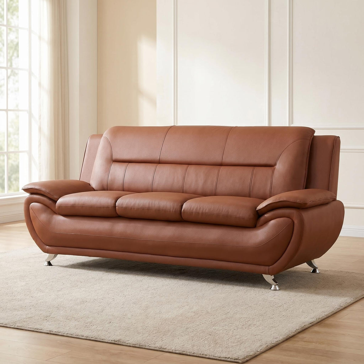 Modern Faux Leather Sofa Set â 3-Piece Living Room Couch with Chrome Legs & Padded Armrests â Includes 1-Seater, 2-Seater & 3-Seater â Contemporary Lounge Furniture for Home & Office (Brown)