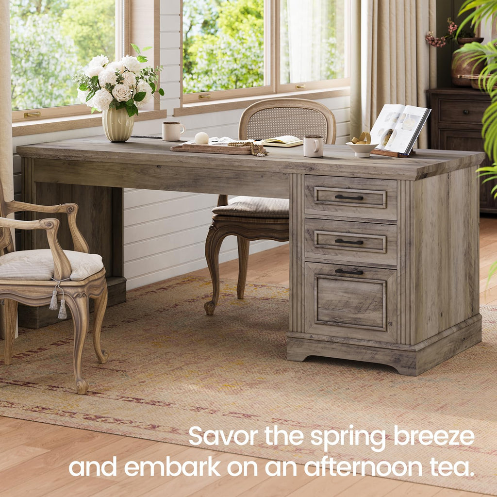 Itaar Farmhouse L Shaped Desk, Executive Computer Desk with Drawers and Storage Cabinet, Home Office Desk with File Drawer and Power Outlet, Corner Desk, Workstation for Office Home, Grey