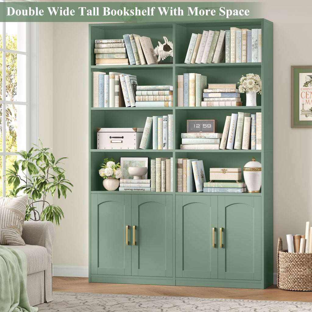 FACBOTALL Bookshelf and Bookcase with Doors, Double Wide Large Bookshelves