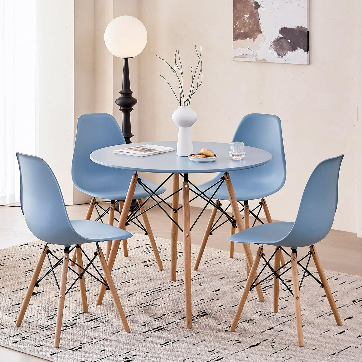 5-Piece Round Dining Set, 35.5" Black Table & Light Gray Chair
