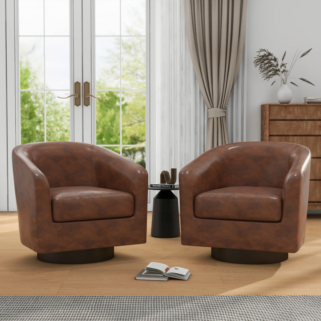 Faux Leather Swivel Accent Chairs Set of 2, Barrel Armchair, Brown
