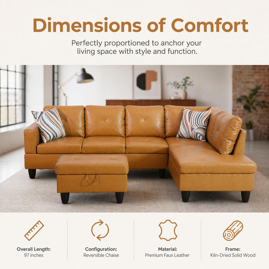 97.5" Leather L Shaped Couch with Left Chaise & Cup Holder, Sectional Sofas Modular Furniture Set with Storage Ottoman, Convertible Couches for Living Room, Office & Small Space (Black)