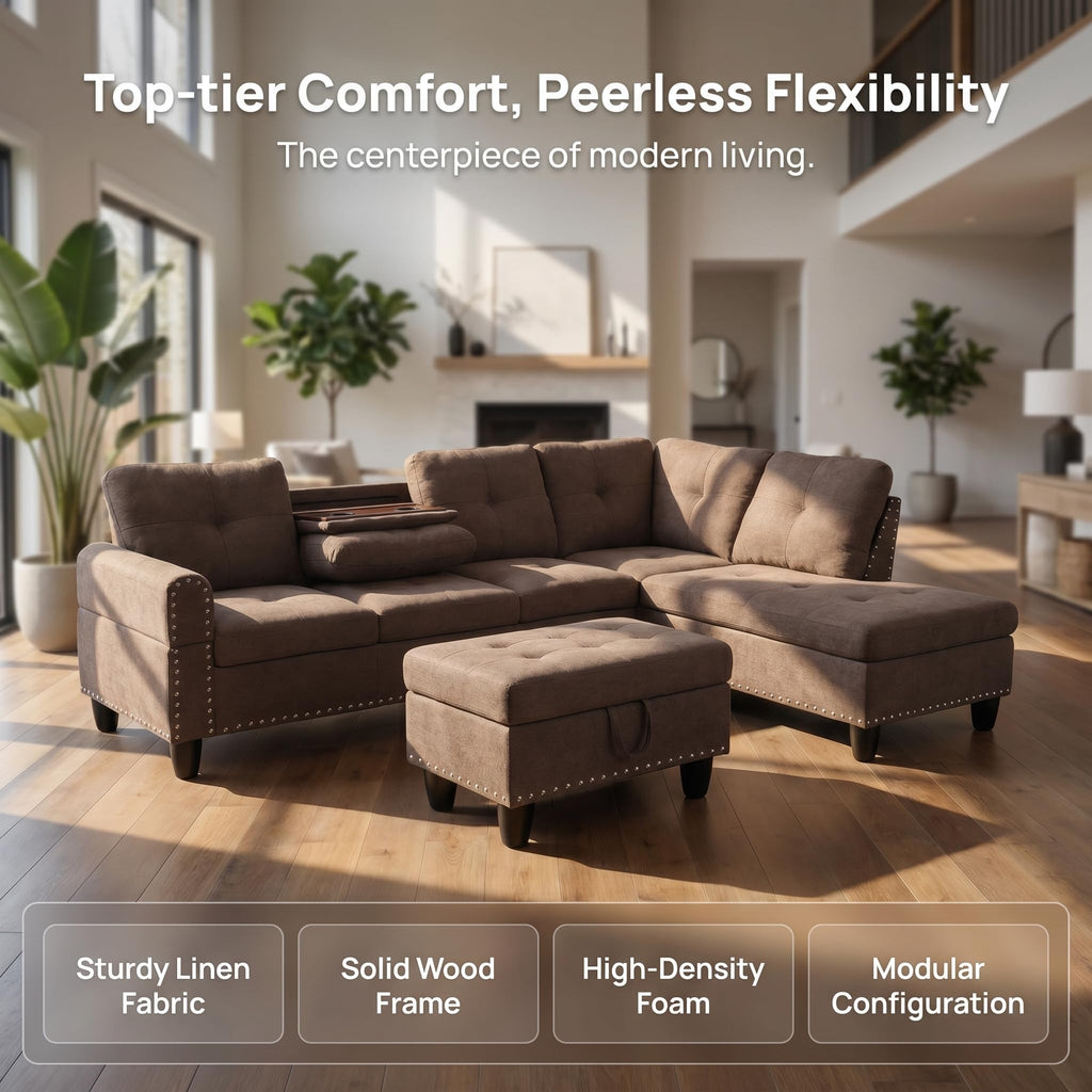 97.5" Leather L Shaped Couch with Left Chaise & Cup Holder, Sectional Sofas Modular Furniture Set with Storage Ottoman, Convertible Couches for Living Room, Office & Small Space (Black)