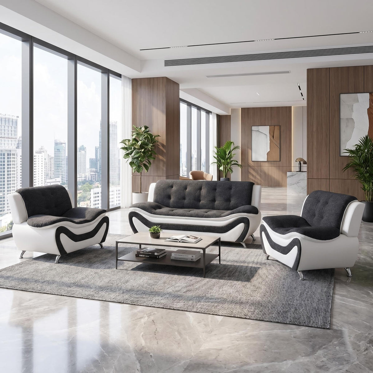 Modern Faux Leather Sofa Set â 3-Piece Living Room Couch with Chrome Legs & Padded Armrests â Includes 1-Seater, 2-Seater & 3-Seater â Contemporary Lounge Furniture for Home & Office (Brown)