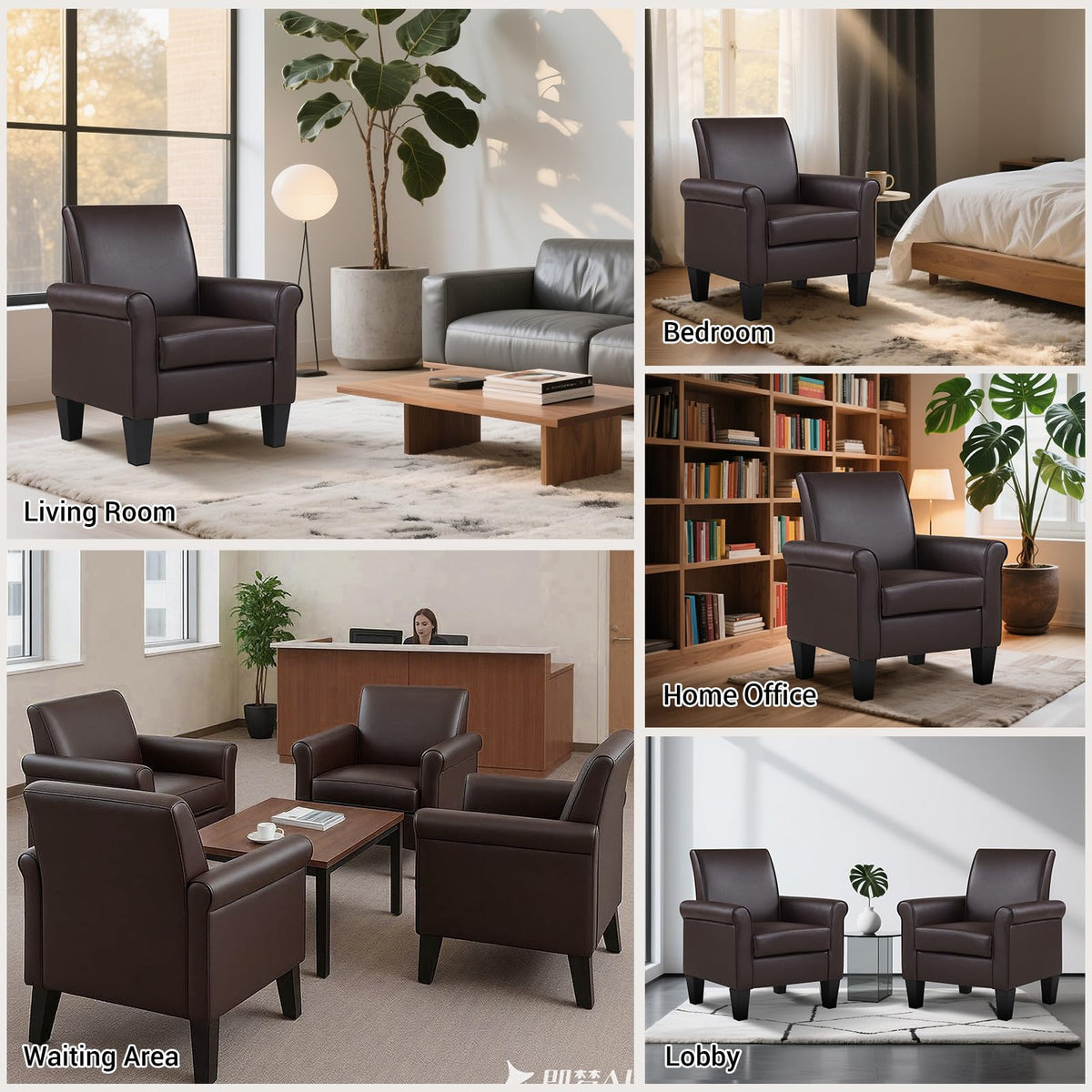 Faux Leather Accent Chair Set of 2, Mid Century Modern Living Room Chair, Upholstered Comfortable PU Leather Armchair for Bedroom, Office or Waiting Areas-Black