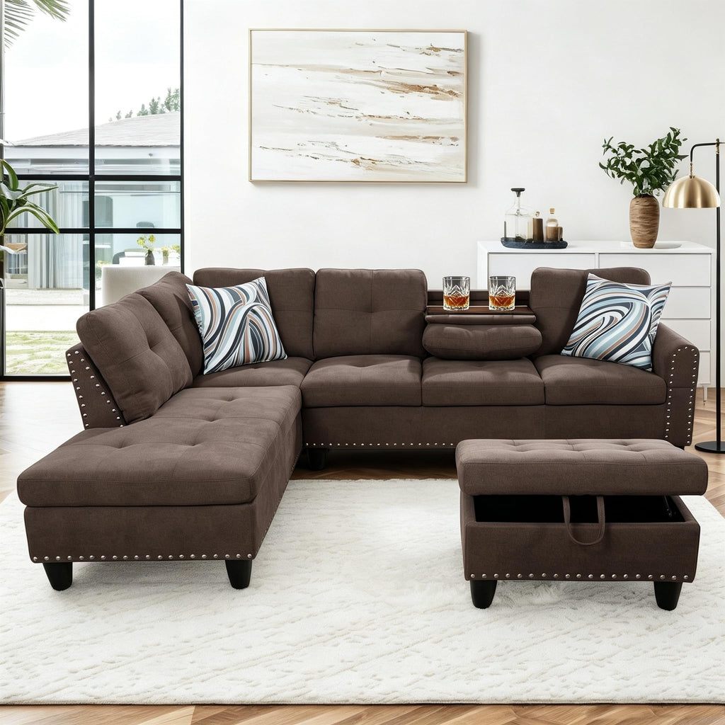 97.5" Leather L Shaped Couch with Left Chaise & Cup Holder, Sectional Sofas Modular Furniture Set with Storage Ottoman, Convertible Couches for Living Room, Office & Small Space (Black)