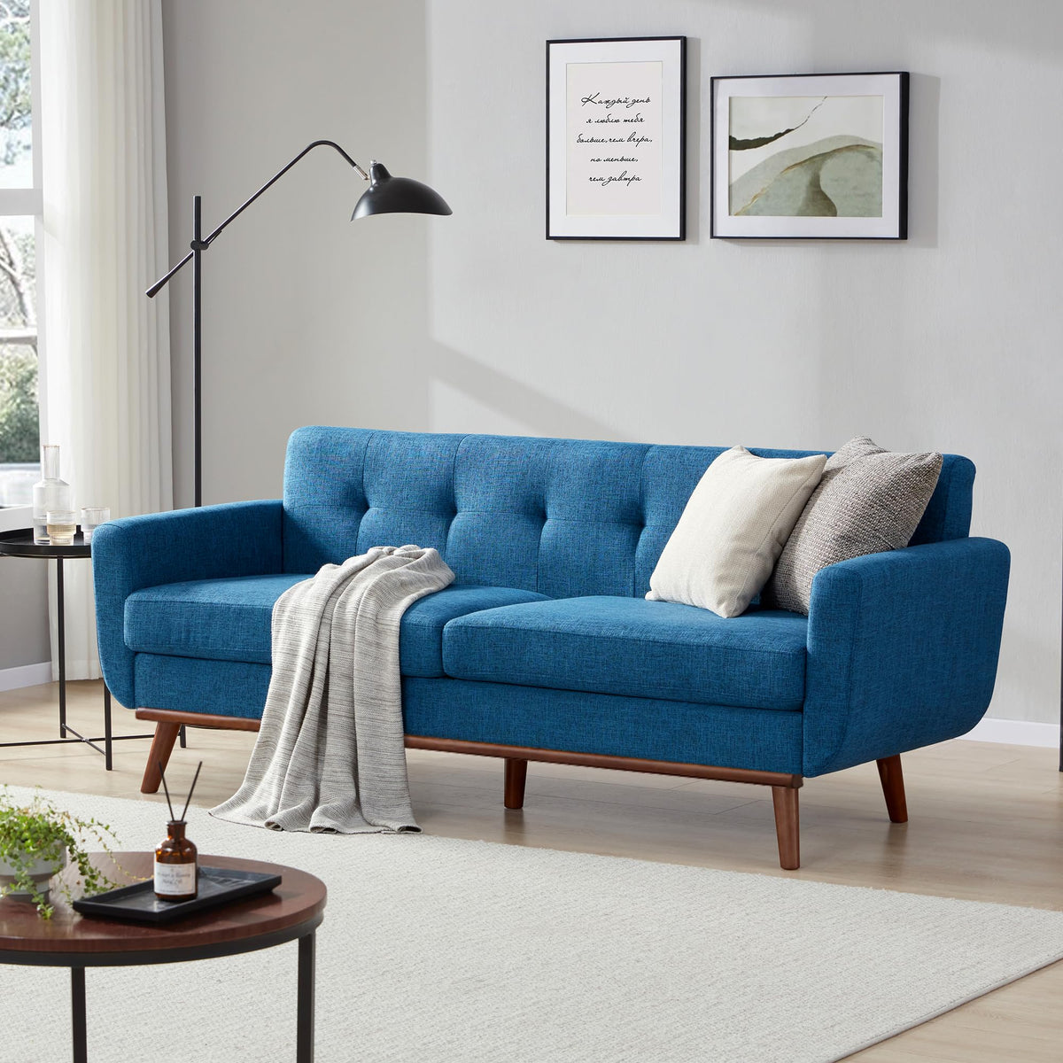 Kingfun 2 Piece Loveseat and Sofa Sets, Mid Century Modern Love Seat Couches for Living Room, Button Tufted Upholstered Furniture, Small Couch for Bedroom, Office, Beige