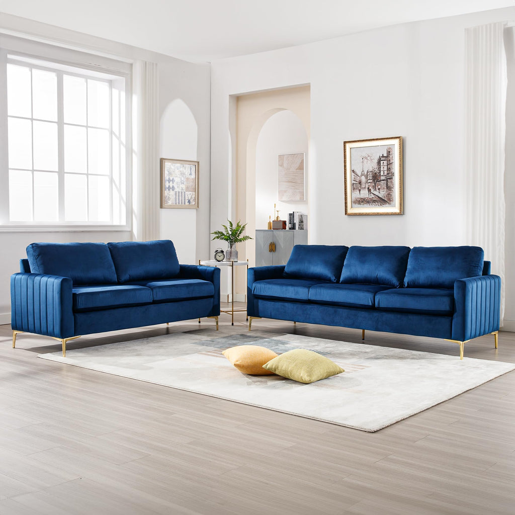 2 Piece Sofa and Loveseat Set, Comfy Tufted Velvet Couch and Loveseat Sets Furniture with Gold Leg, Mid Century Modern Couch Soft Upholstered Sofa Set of 2 for Living Room Bedroom Office (Navy Blue)