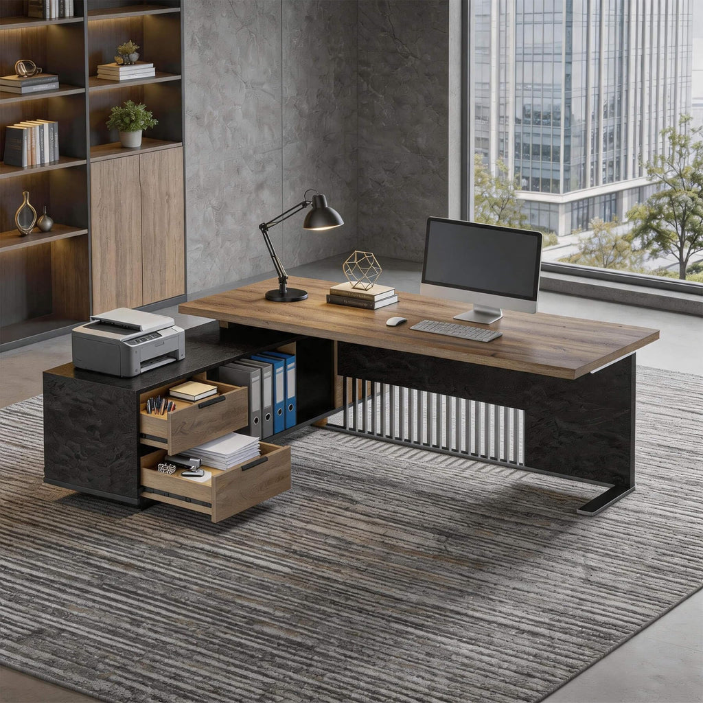 78.7 Inch Large Executive Desk with Drawers Cabinet, L Shaped Office Desk, Computer Desk with Universal Charging Ports and Cable Management for Business Furniture Set Workstation for Home Office