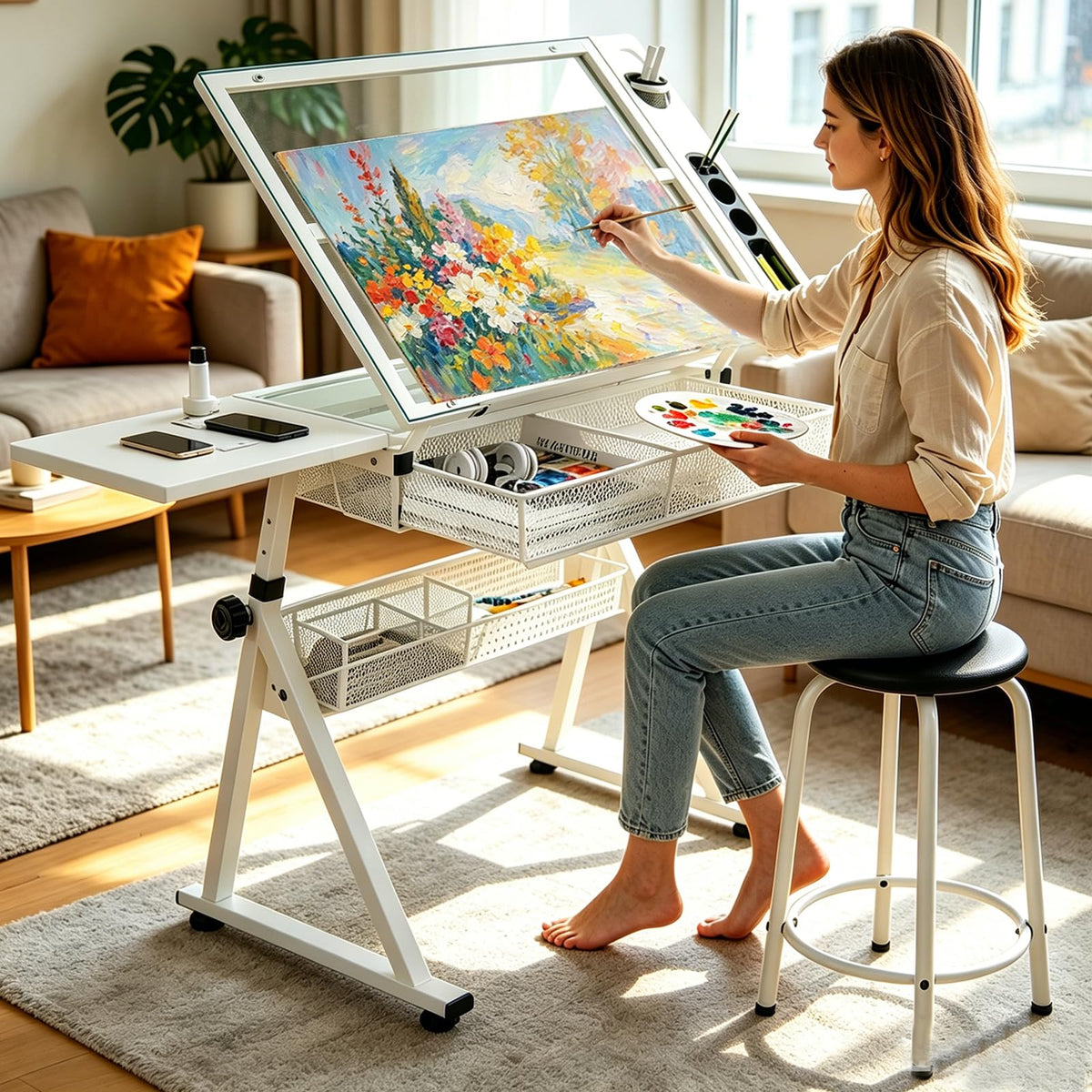 Drafting Table with 2 Metal Storage Drawers & Stool for Adult Teen, Red