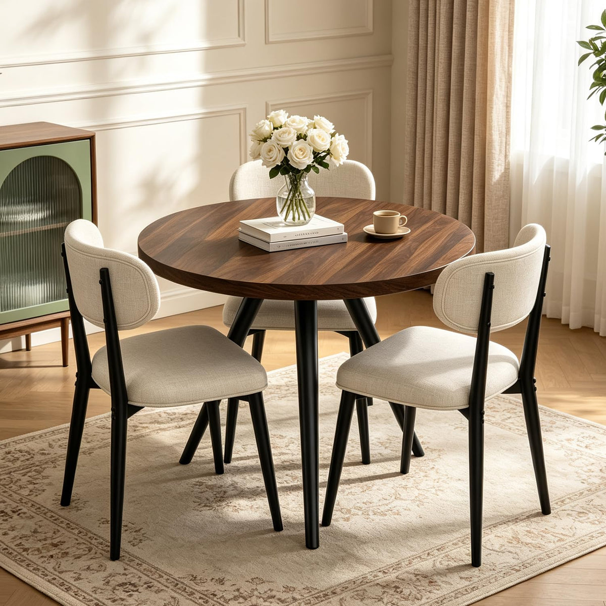 34.6" Round Dining Table Set for 4, Modern Kitchen Coffee Table Set, Walnut