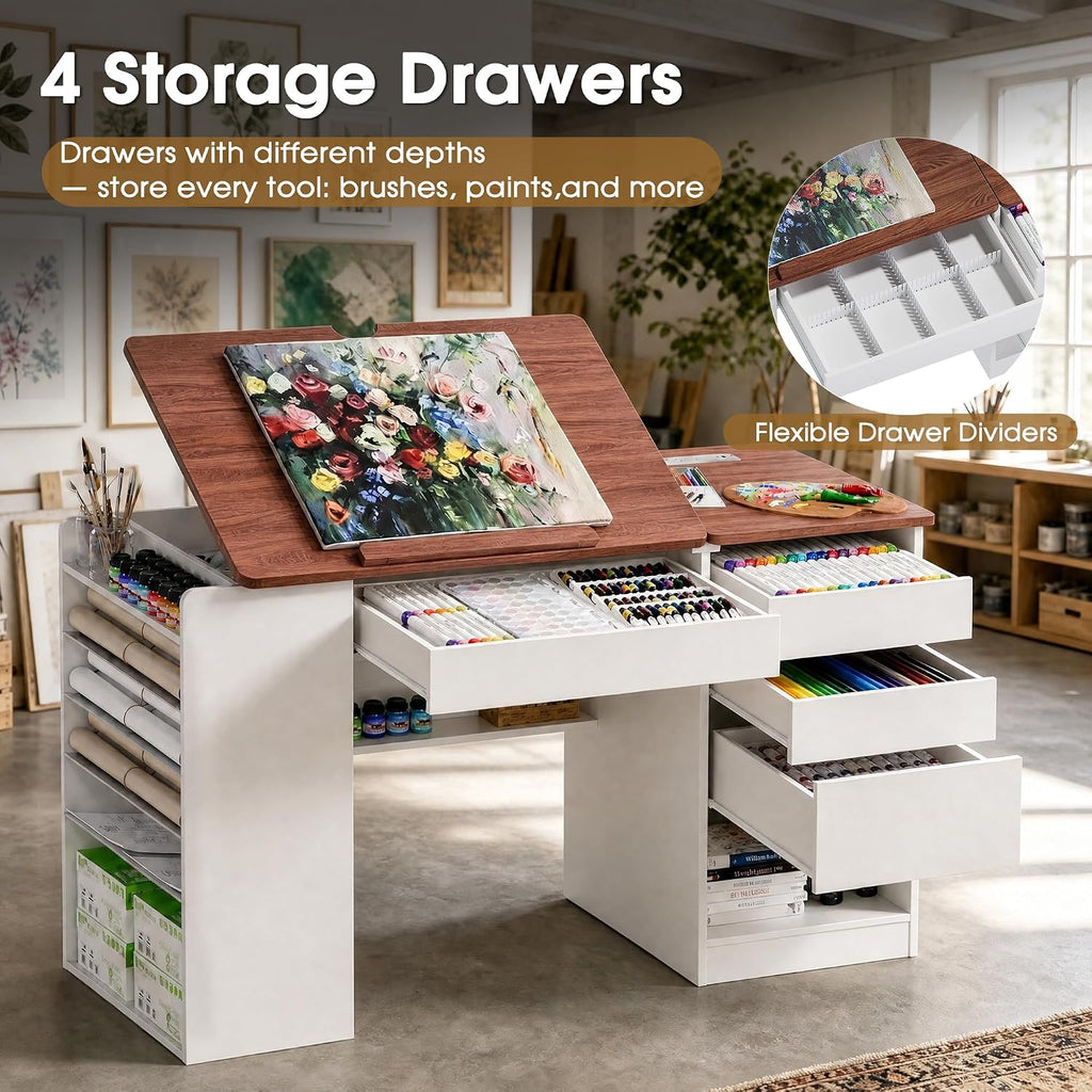 Adjustable Drafting Table with Storage & Removable Shelves