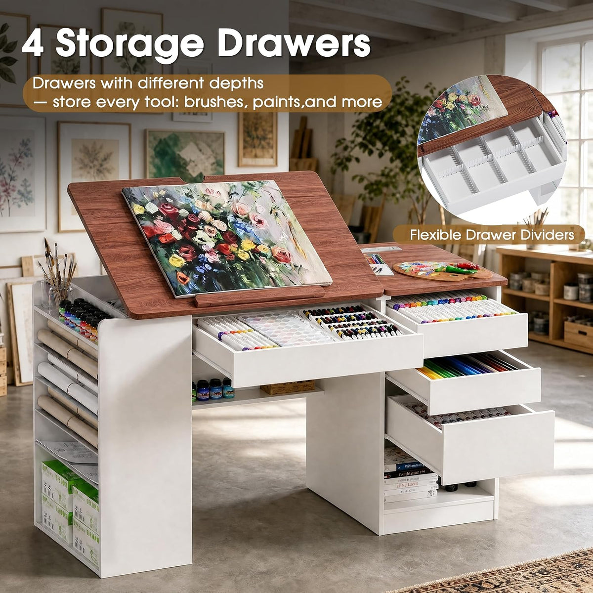 Adjustable Drafting Table with Storage & Removable Shelves
