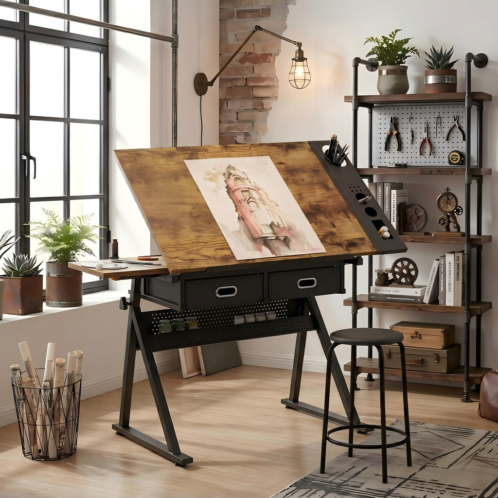 Adjustable Drawing Table with 3 Drawers & Stool, for Art & Work