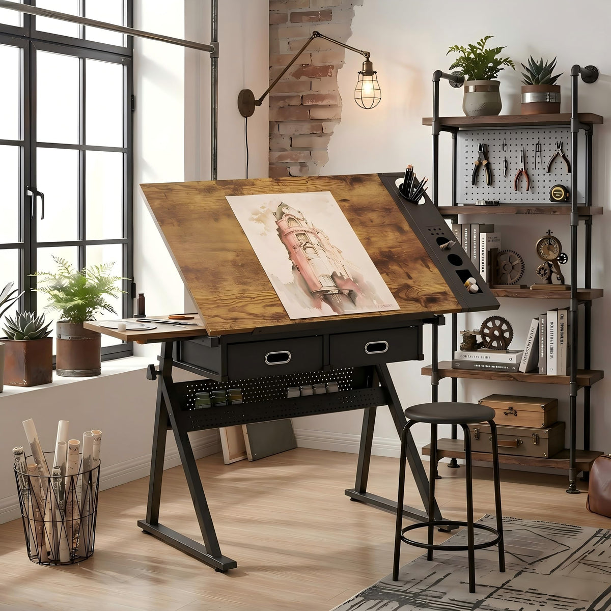 Adjustable Drawing Table with 3 Drawers & Stool, for Art & Work