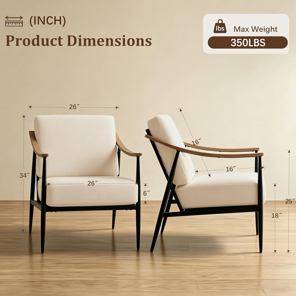 RNKSFX Modern Accent Chairs Set of 2 for Living Room Bedroom Mid Century Arm Chairs Upholstered Office Accent Chairs Comfy Waiting Room Chairs with Metal Frame, Beige