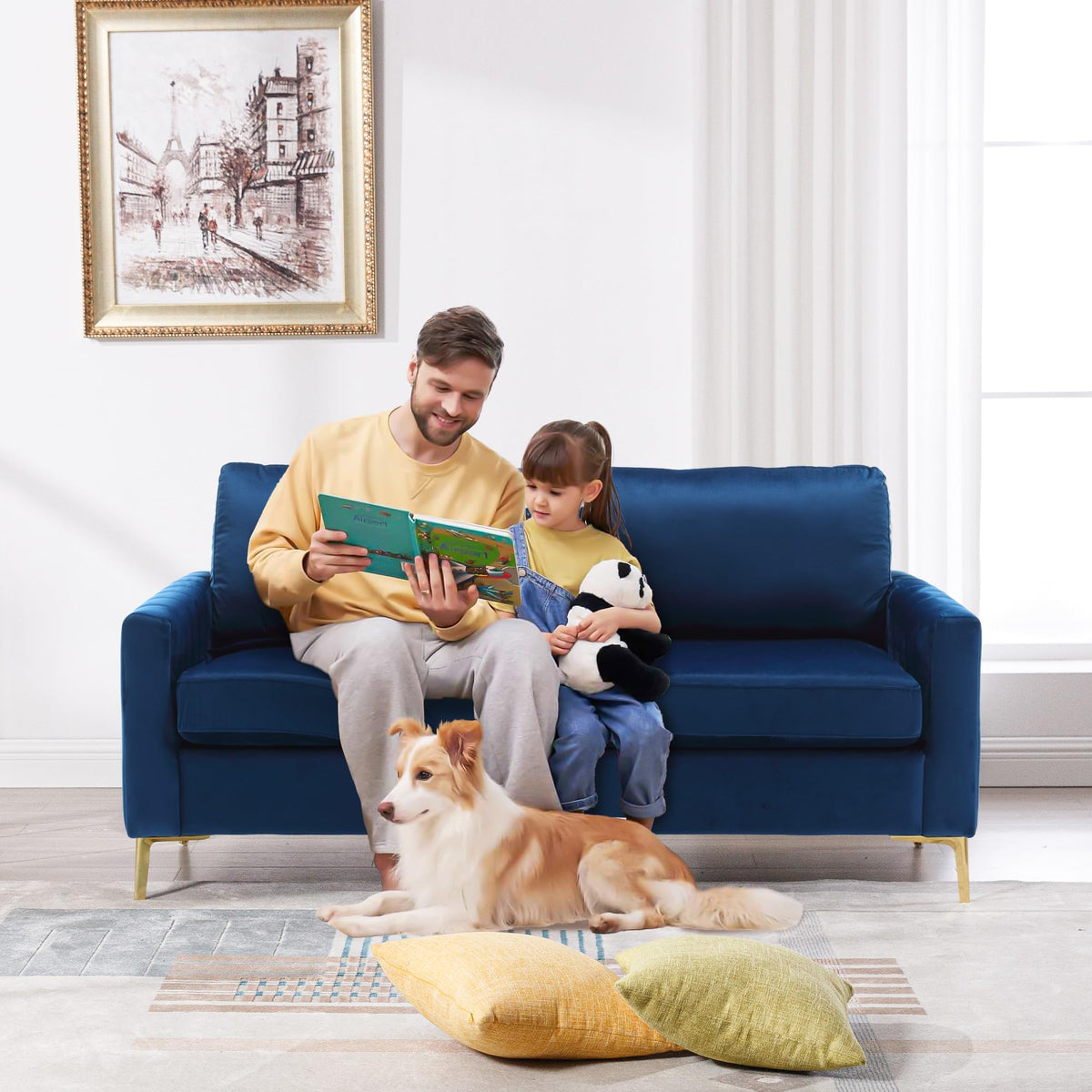 2 Piece Sofa and Loveseat Set, Comfy Tufted Velvet Couch and Loveseat Sets Furniture with Gold Leg, Mid Century Modern Couch Soft Upholstered Sofa Set of 2 for Living Room Bedroom Office (Navy Blue)