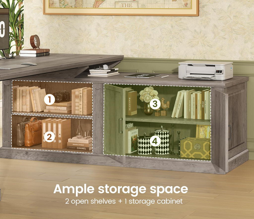 SEDETA Farmhouse 70.9" Executive Desk, Home Office Desk with File Drawers and Storage Cabinet, Computer Desk with Power Outlet for Home Office, Work Study Writing, Black+Brown