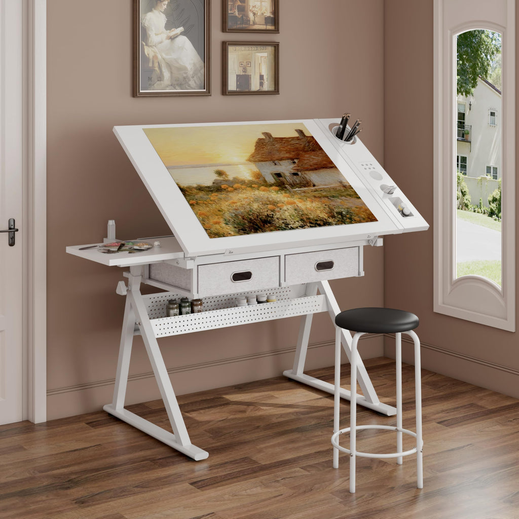 Height Adjustable Drafting Art Table for Adults, White Tempered Glass Drafting Drawing Printing Table Desk with Stool, 0-75Â° Tilting Tabletop Art Drawing Table for Drawing,Hand Crank