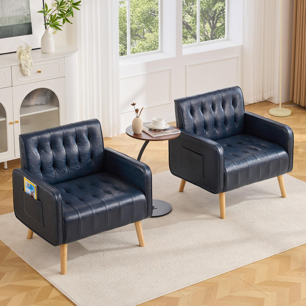 Leather Accent Chair Set of 2, Living Room Chair with Wooden Legs (Black)